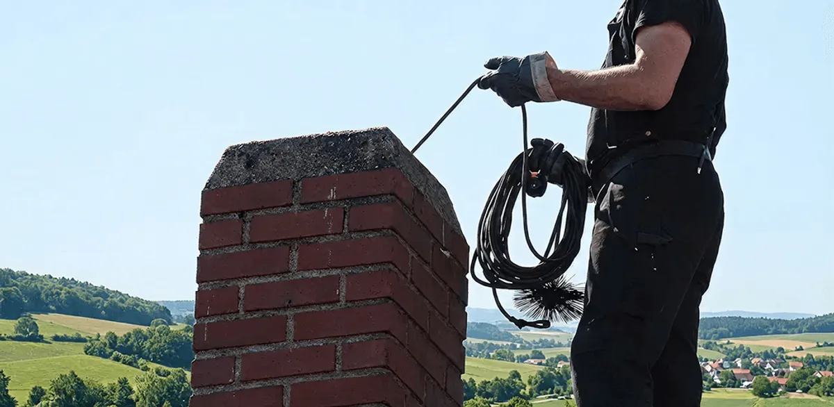 Chimney sweep inspecting and cleaning a rooftop chimney in Milwaukee, WI